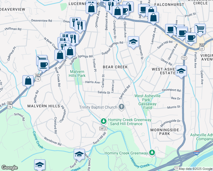 map of restaurants, bars, coffee shops, grocery stores, and more near 55 Salola Street in Asheville