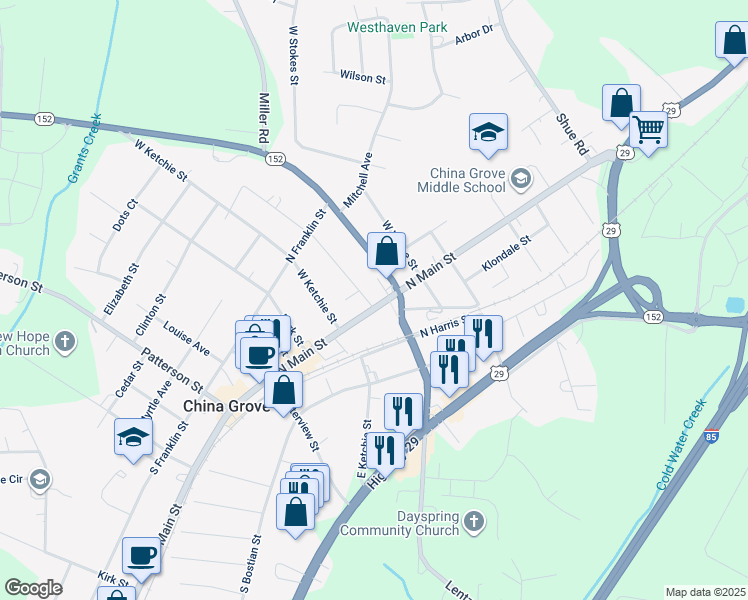 map of restaurants, bars, coffee shops, grocery stores, and more near 501 North Main Street in China Grove
