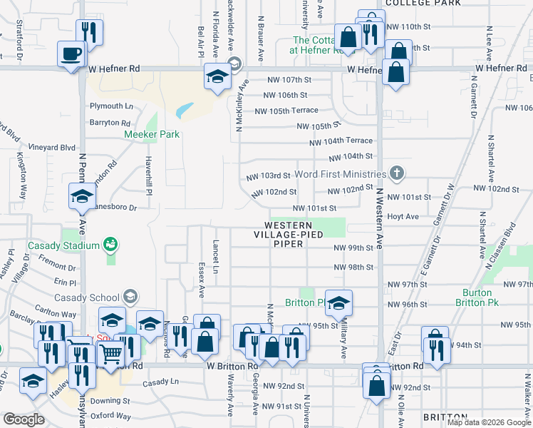 map of restaurants, bars, coffee shops, grocery stores, and more near 1336 Northwest 100th Street in Oklahoma City