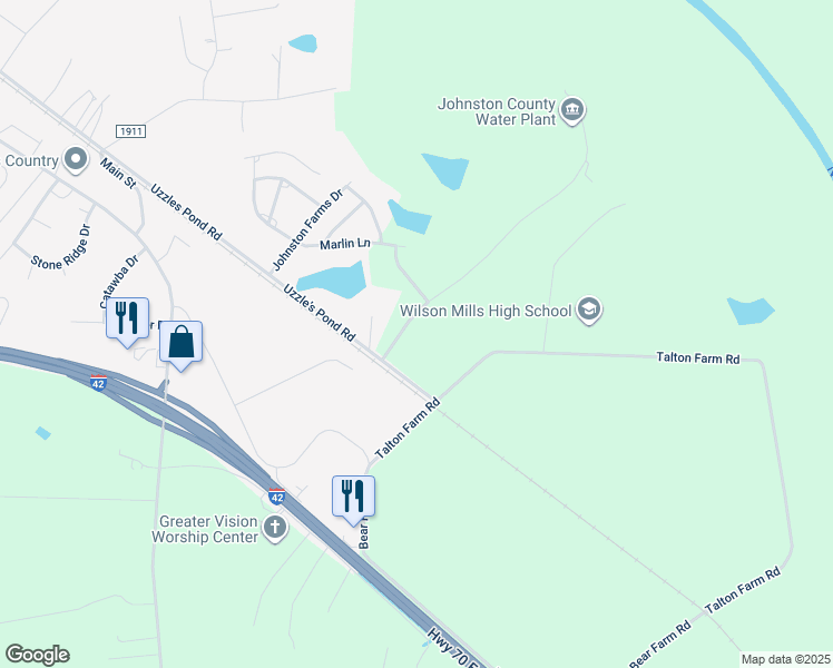 map of restaurants, bars, coffee shops, grocery stores, and more near 112 Clear Water Drive in Smithfield
