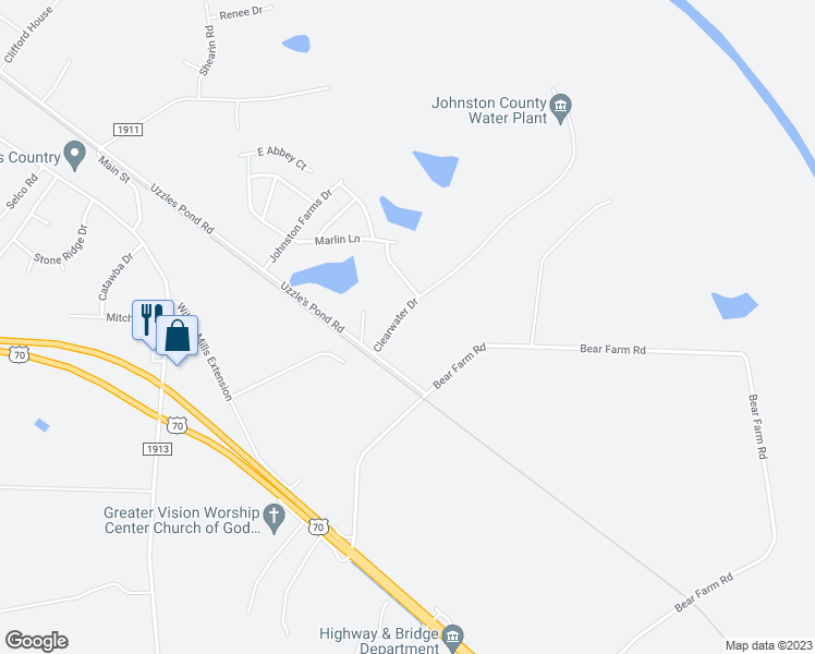 map of restaurants, bars, coffee shops, grocery stores, and more near 112 Clear Water Drive in Smithfield