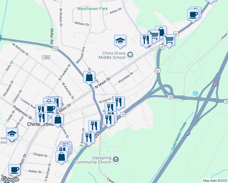 map of restaurants, bars, coffee shops, grocery stores, and more near 210 East Liberty Street in China Grove
