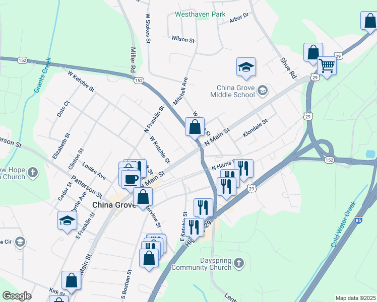 map of restaurants, bars, coffee shops, grocery stores, and more near 501 North Main Street in China Grove
