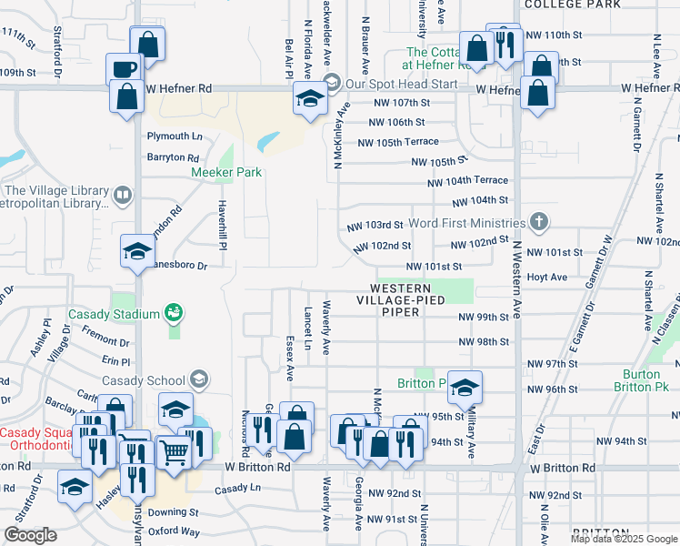 map of restaurants, bars, coffee shops, grocery stores, and more near 1518 Northwest 102nd Street in Oklahoma City