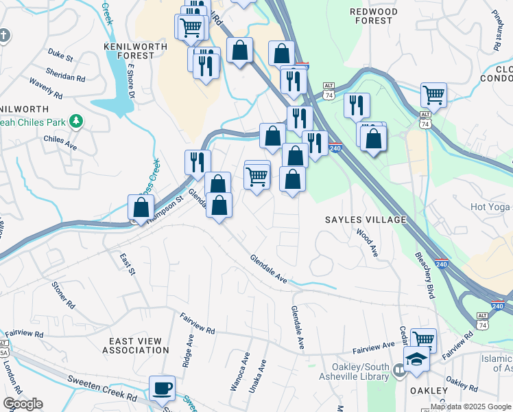 map of restaurants, bars, coffee shops, grocery stores, and more near 115 River Hills Road in Asheville