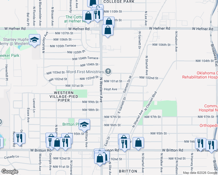 map of restaurants, bars, coffee shops, grocery stores, and more near 1009 Northwest 100th Street in Oklahoma City