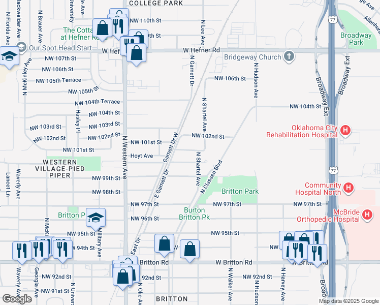 map of restaurants, bars, coffee shops, grocery stores, and more near 705 Northwest 100th Street in Oklahoma City