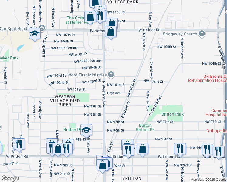 map of restaurants, bars, coffee shops, grocery stores, and more near 1009 Northwest 100th Street in Oklahoma City