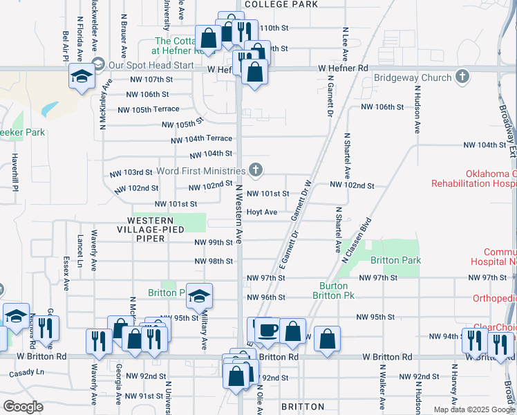 map of restaurants, bars, coffee shops, grocery stores, and more near 1009 Northwest 100th Street in Oklahoma City