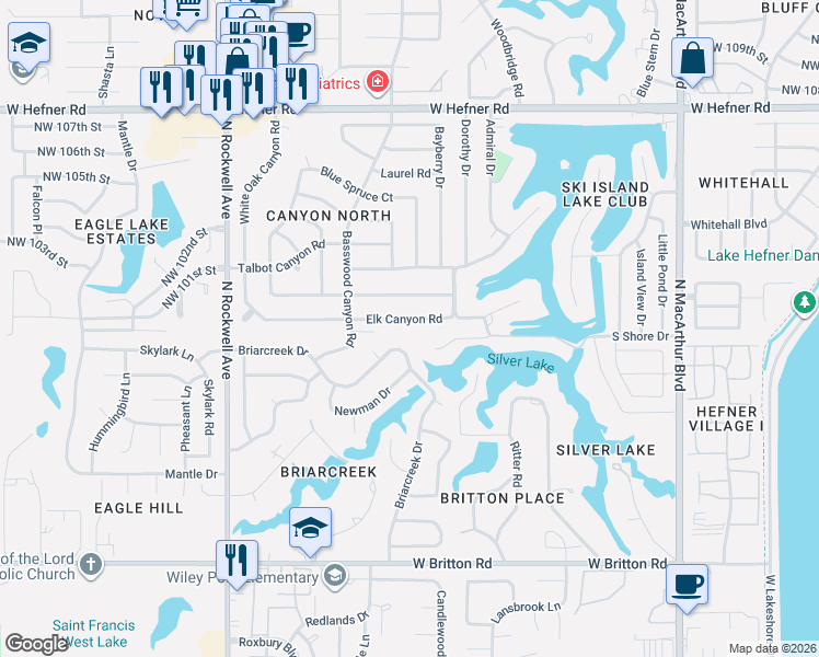 map of restaurants, bars, coffee shops, grocery stores, and more near 6625 Briarcreek Drive in Oklahoma City