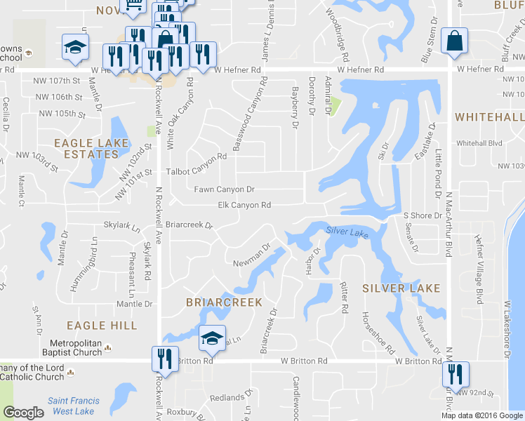 map of restaurants, bars, coffee shops, grocery stores, and more near 6625 Briarcreek Drive in Oklahoma City