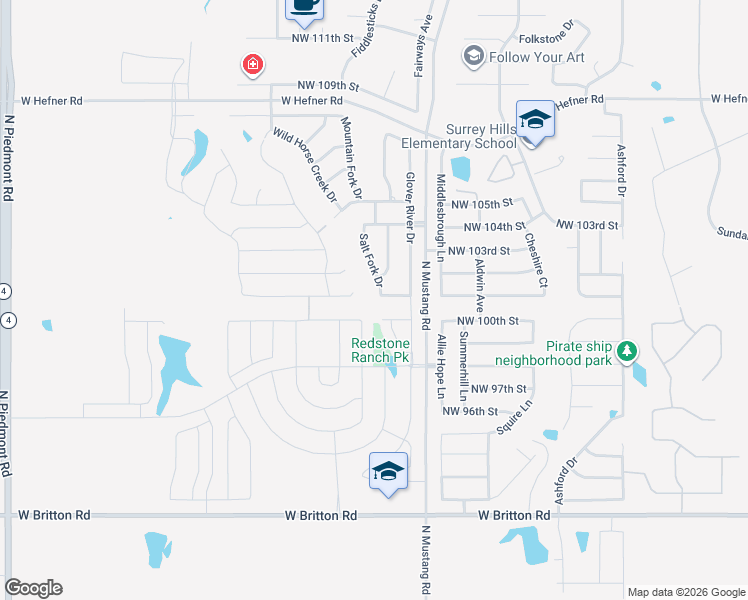 map of restaurants, bars, coffee shops, grocery stores, and more near 11432 Northwest 101st Street in Yukon