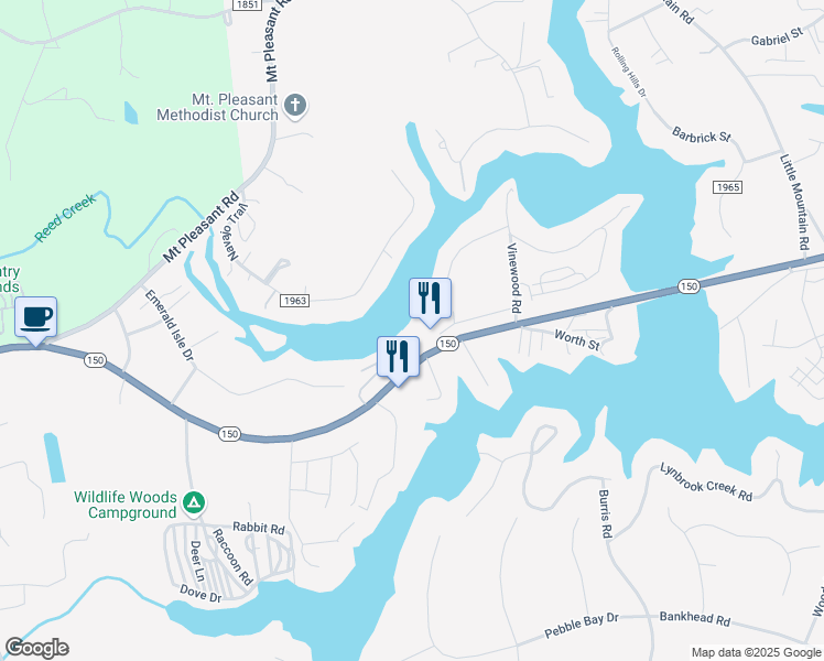 map of restaurants, bars, coffee shops, grocery stores, and more near 6772 North Carolina 150 in Maiden