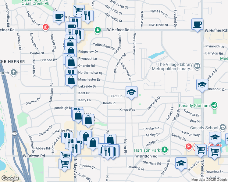 map of restaurants, bars, coffee shops, grocery stores, and more near 2618 Kent Drive in The Village