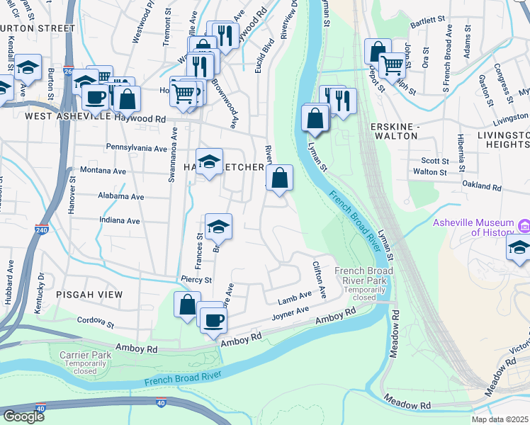 map of restaurants, bars, coffee shops, grocery stores, and more near 338 Riverview Drive in Asheville