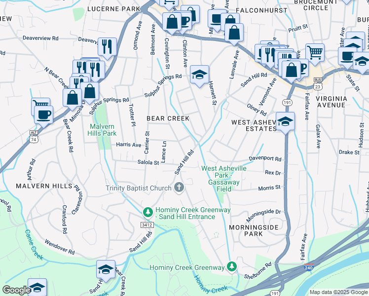 map of restaurants, bars, coffee shops, grocery stores, and more near 153 Delaware Avenue in Asheville