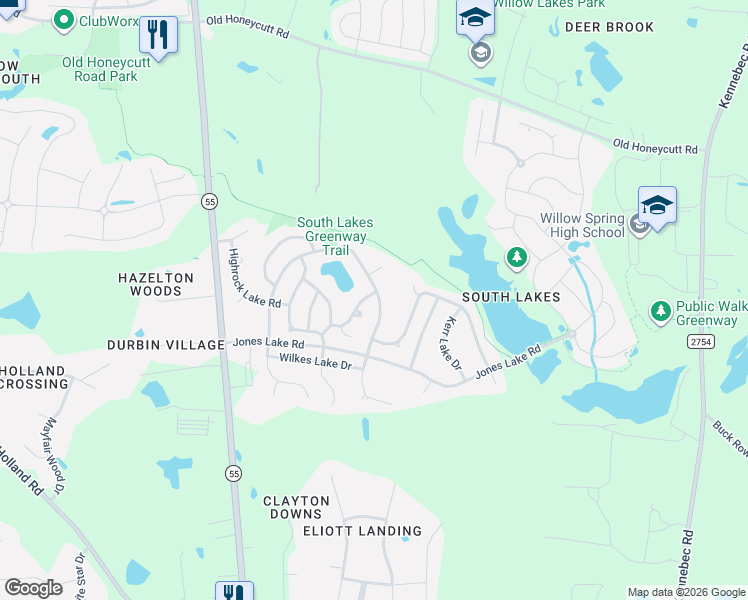 map of restaurants, bars, coffee shops, grocery stores, and more near 717 Apalachia Lake Drive in Fuquay-Varina