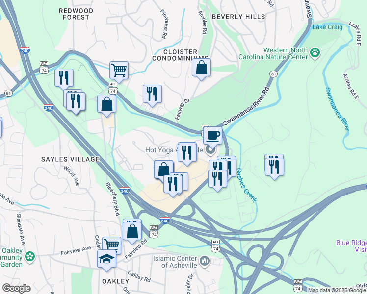 map of restaurants, bars, coffee shops, grocery stores, and more near 1503 River Ridge Drive in Asheville