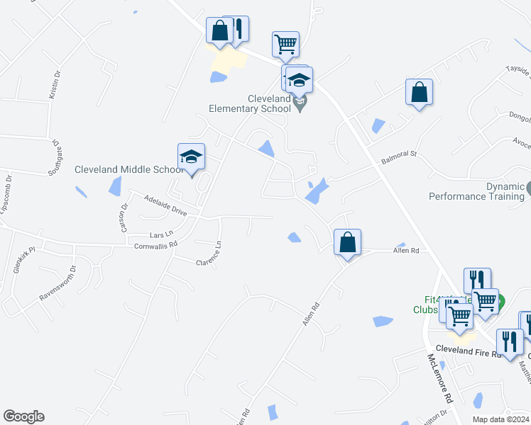 map of restaurants, bars, coffee shops, grocery stores, and more near 207 Chaney Drive in Garner