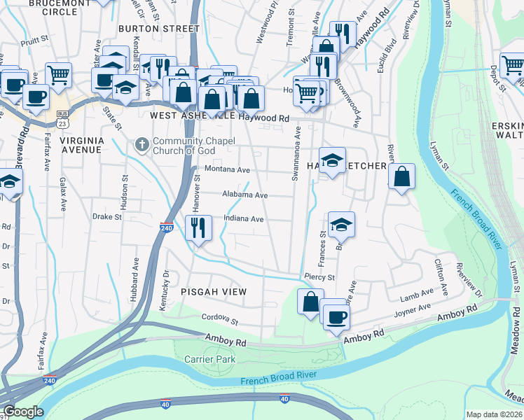 map of restaurants, bars, coffee shops, grocery stores, and more near 156 Michigan Avenue in Asheville