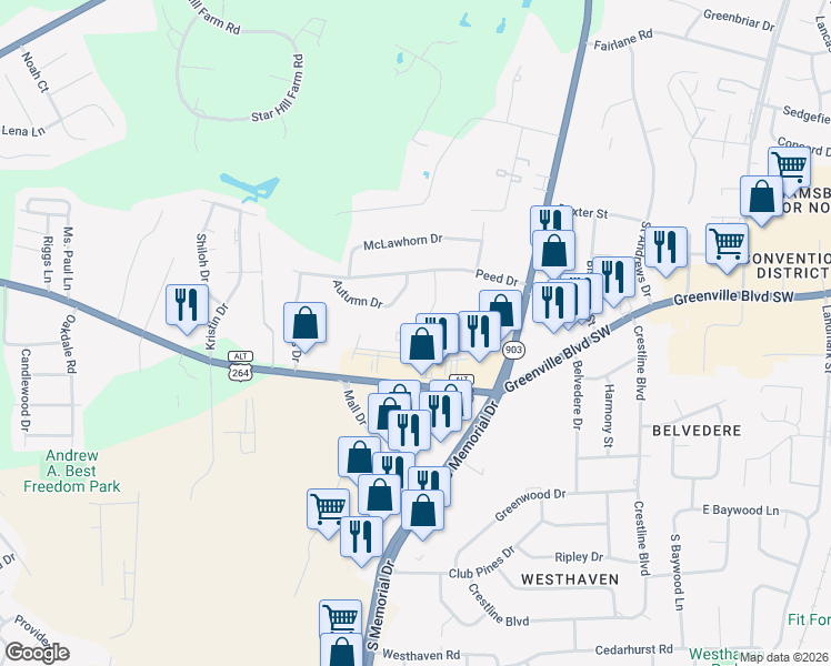 map of restaurants, bars, coffee shops, grocery stores, and more near 744 Greenville Boulevard Southwest in Greenville