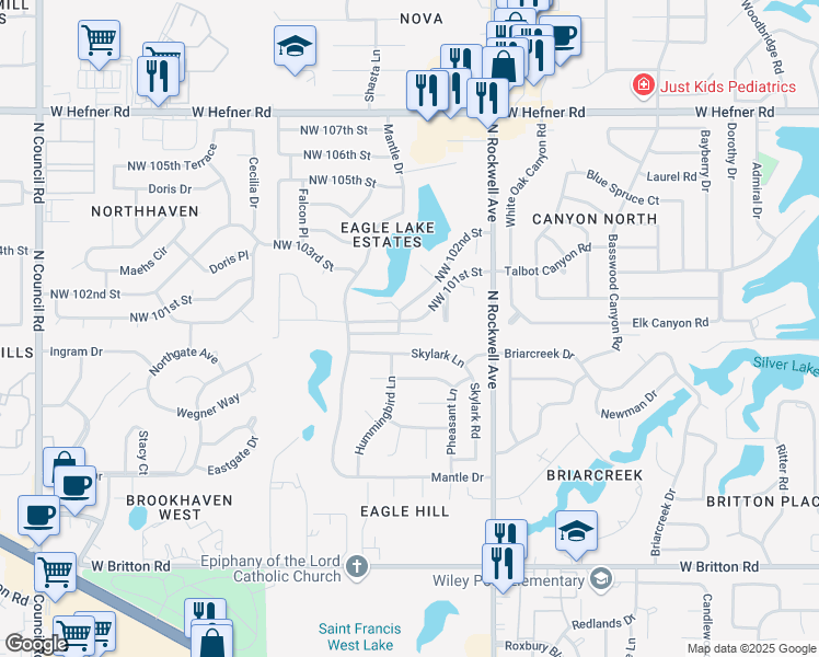 map of restaurants, bars, coffee shops, grocery stores, and more near 7216 Northwest 101st Street in Oklahoma City