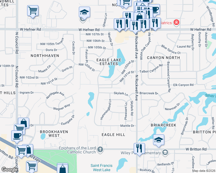 map of restaurants, bars, coffee shops, grocery stores, and more near 7312 Northwest 101st Street in Oklahoma City
