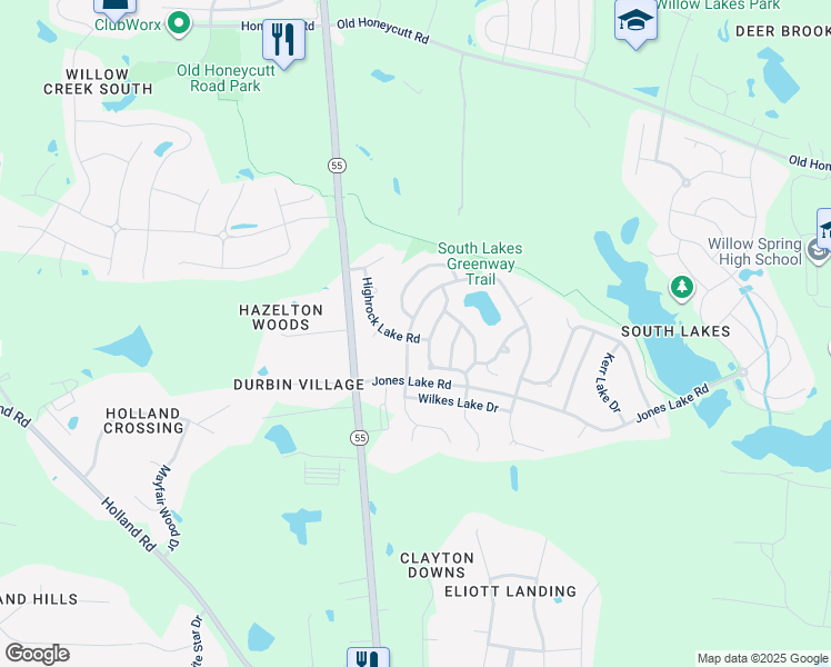 map of restaurants, bars, coffee shops, grocery stores, and more near 424 Apalachia Lake Drive in Fuquay Varina