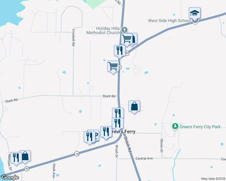 map of restaurants, bars, coffee shops, grocery stores, and more near 8635 Edgemont Road in Greers Ferry