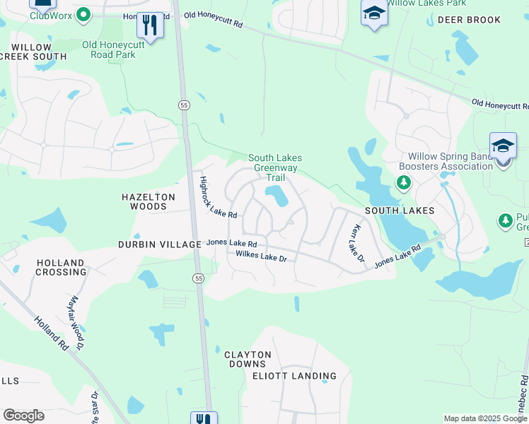 map of restaurants, bars, coffee shops, grocery stores, and more near 719 Shoals Lake Drive in Fuquay Varina