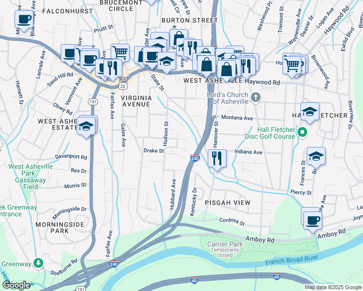 map of restaurants, bars, coffee shops, grocery stores, and more near 12 Gratitude Drive in Asheville