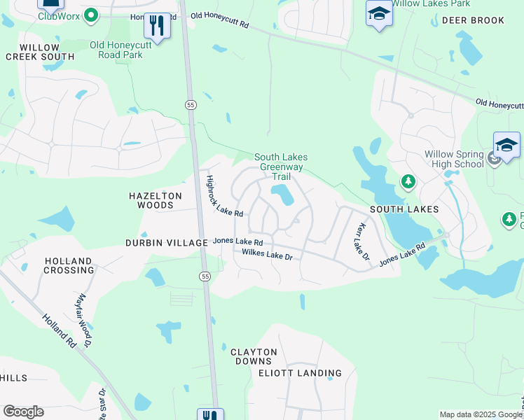 map of restaurants, bars, coffee shops, grocery stores, and more near 639 Ashe Lake Way in Fuquay-Varina