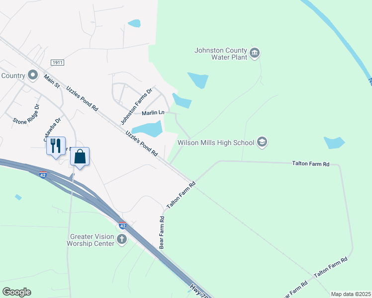 map of restaurants, bars, coffee shops, grocery stores, and more near 119 Clearwater Drive in Smithfield