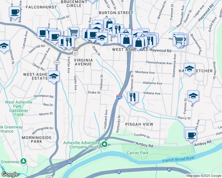 map of restaurants, bars, coffee shops, grocery stores, and more near 12 Gratitude Drive in Asheville