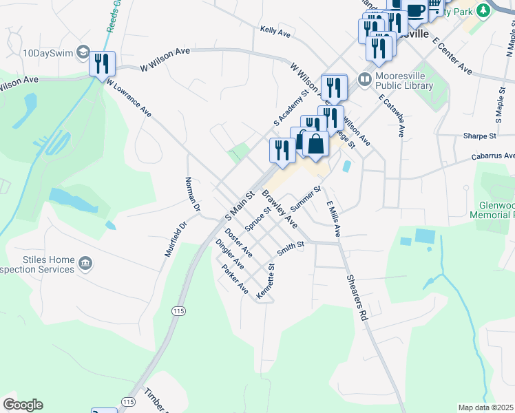 map of restaurants, bars, coffee shops, grocery stores, and more near 640 South Main Street in Mooresville