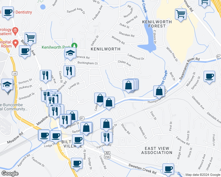 map of restaurants, bars, coffee shops, grocery stores, and more near 45 Kenilworth Road in Asheville