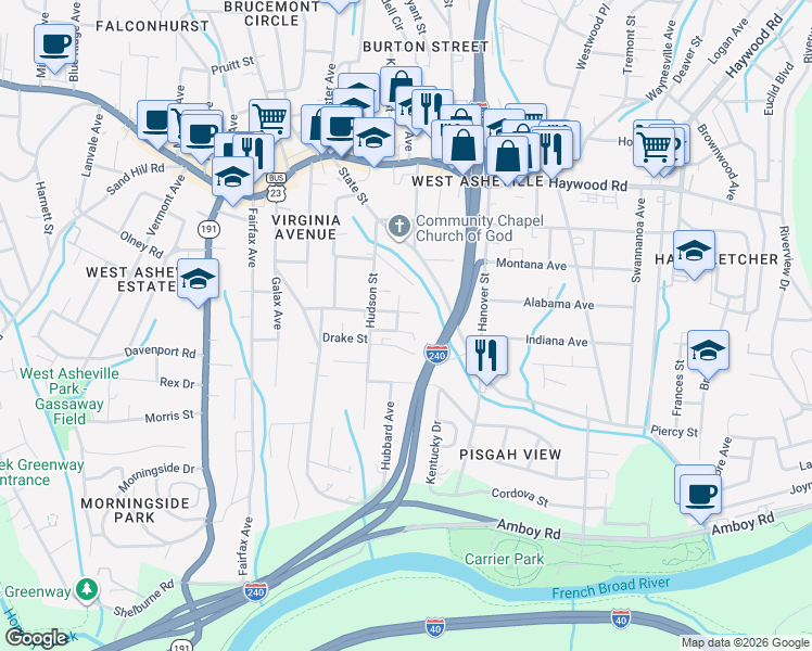 map of restaurants, bars, coffee shops, grocery stores, and more near 12 Gratitude Drive in Asheville