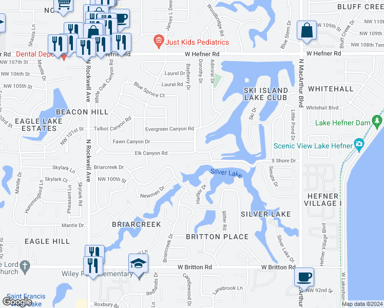 map of restaurants, bars, coffee shops, grocery stores, and more near 6502 Elk Canyon Road in Oklahoma City