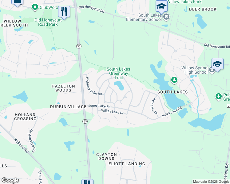 map of restaurants, bars, coffee shops, grocery stores, and more near 719 Shoals Lake Drive in Fuquay Varina