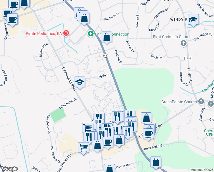 map of restaurants, bars, coffee shops, grocery stores, and more near 2 Exchange Drive in Greenville