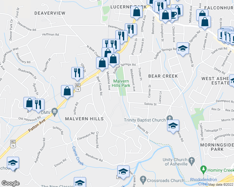 map of restaurants, bars, coffee shops, grocery stores, and more near 69 McDade Street in Asheville