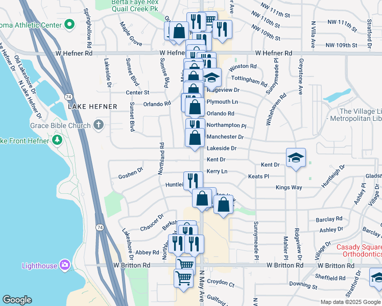 map of restaurants, bars, coffee shops, grocery stores, and more near 2907 Lakeside Circle in The Village