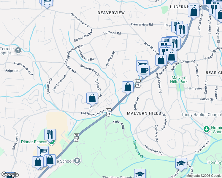 map of restaurants, bars, coffee shops, grocery stores, and more near 5 Shadowlawn Drive in Asheville