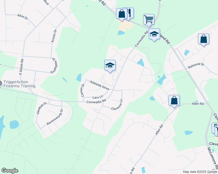 map of restaurants, bars, coffee shops, grocery stores, and more near 60 Adelaide Drive in Garner
