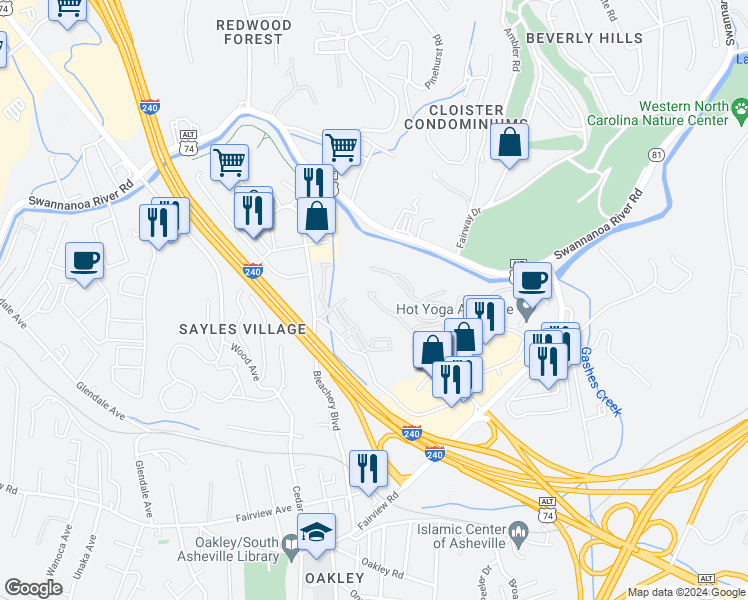 map of restaurants, bars, coffee shops, grocery stores, and more near 810 River Ridge Drive in Asheville