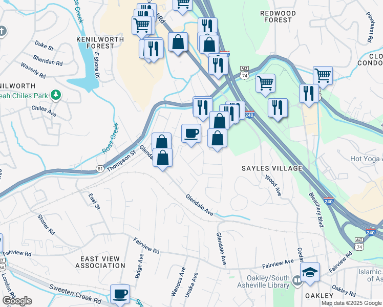 map of restaurants, bars, coffee shops, grocery stores, and more near 115 River Hills Road in Asheville