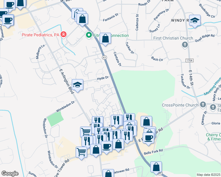 map of restaurants, bars, coffee shops, grocery stores, and more near 1904 Exchange Drive in Greenville