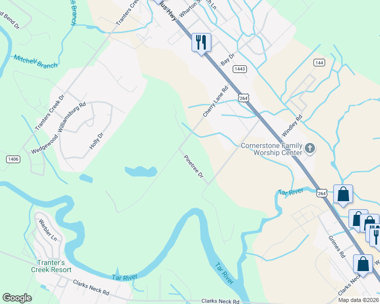 map of restaurants, bars, coffee shops, grocery stores, and more near 101 Pinetree Drive in Washington