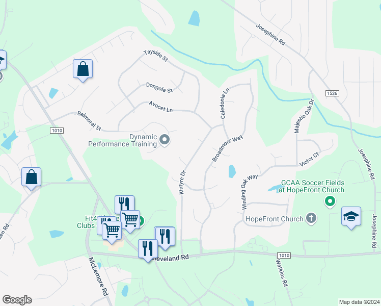 map of restaurants, bars, coffee shops, grocery stores, and more near 499 Kintyre Drive in Clayton
