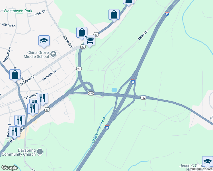 map of restaurants, bars, coffee shops, grocery stores, and more near 108 Yost Town Road in China Grove